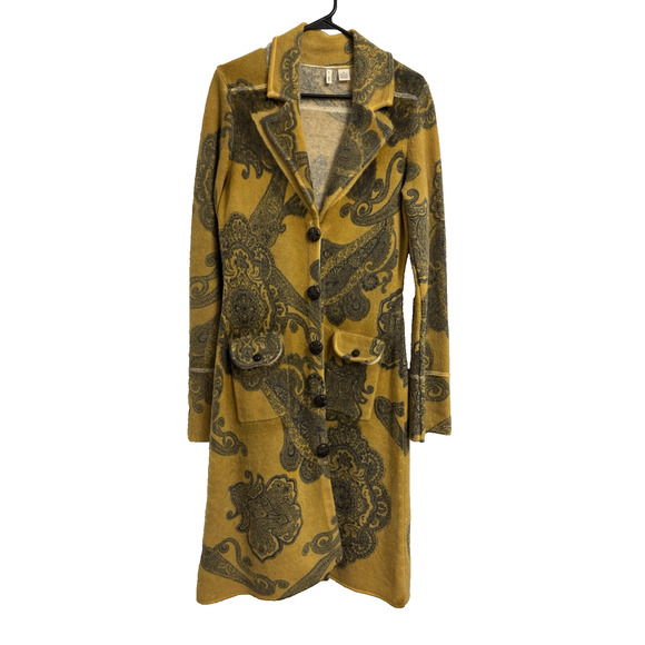 Moth Anthropologie Women's M 100% Wool Gold Paisley Long Sweater Jacket Vintage - Picture 1 of 8